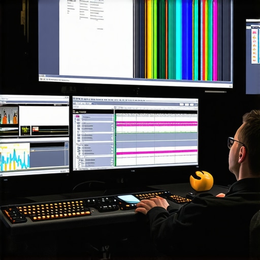 Video editor working on multiple screens displaying transition animations and effects in a professional editing suite