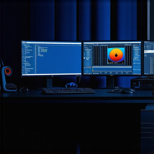 Advanced Editing Workspace Modern professional editing setup with high-end monitors, calibration tools, and AI integration