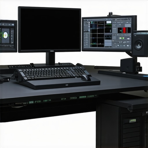 Modern professional editing station with customizable ergonomic accessories and high-resolution displays