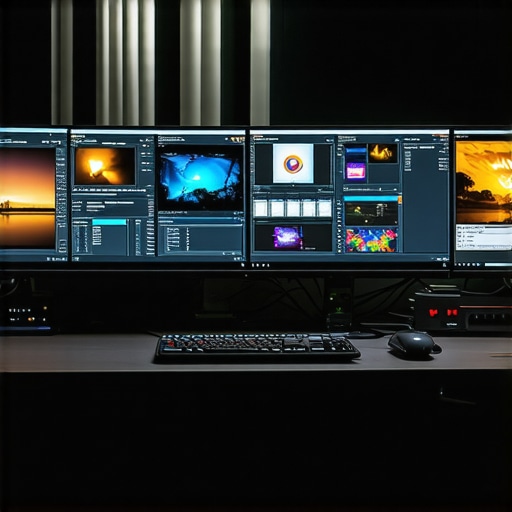 A professional editing station featuring multiple monitors calibrated for color accuracy, control surfaces, and editing software.