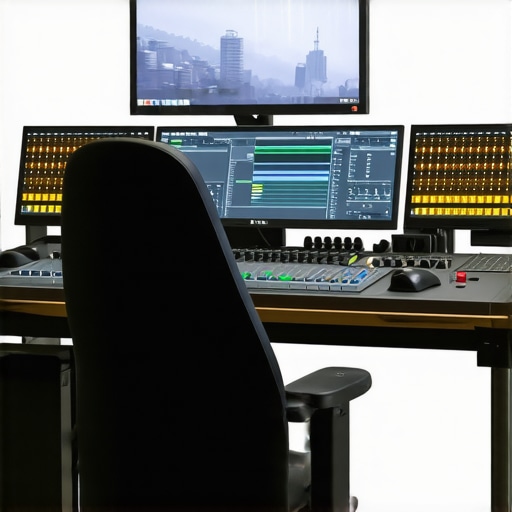 Advanced Editing Workstation with Modular Controls A creative workspace featuring customizable input devices and dual monitors.