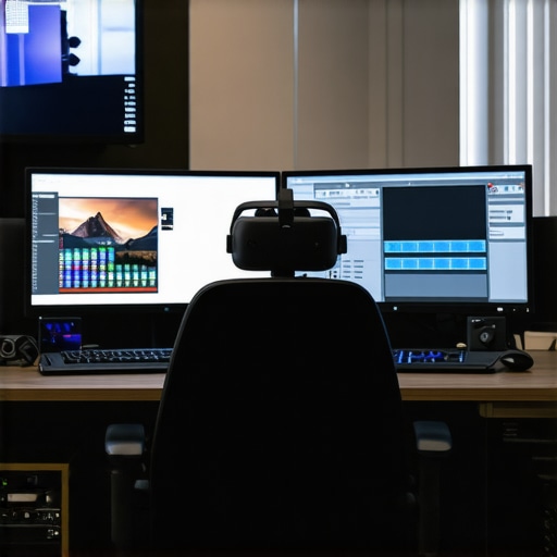 Modern media editing studio featuring high-end hardware, color correction tools, and virtual reality equipment.