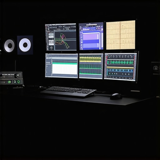 Advanced Multimedia Editing Suite Screens showing complex color grading and spatial audio editing in a professional studio environment