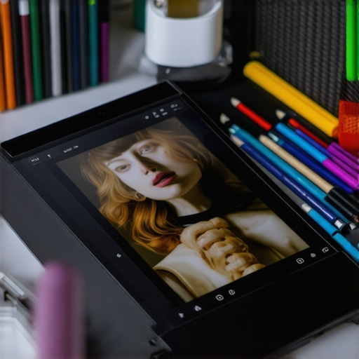 Advanced Photo Editing Setup Professional photo editing tablet with stylus and accessories on workspace.