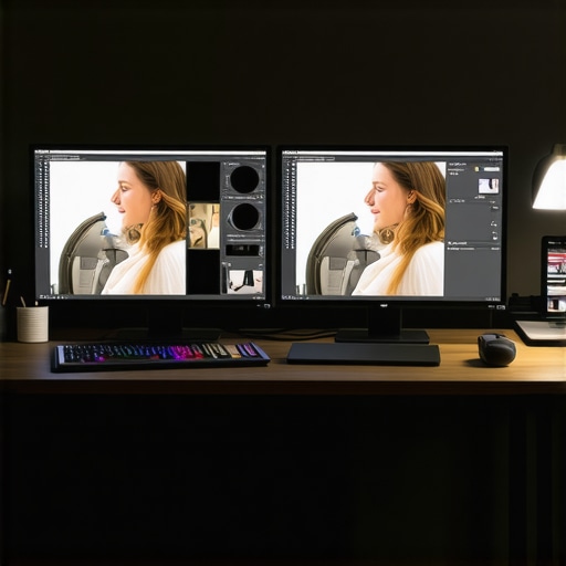 Advanced Photo Editing Workspace with Precision Equipment A photo illustrating an expert photo editing workstation equipped with high-resolution monitors and professional accessories.