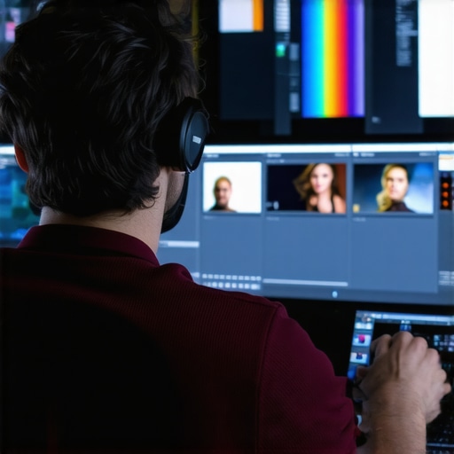 Advanced Photo Editing Workspace Photographer working on multiple monitors with complex photo edits.