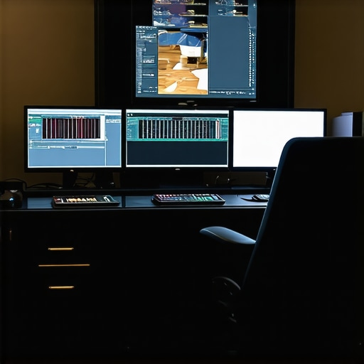 Advanced Professional Editing Environment A modern editing studio with multiple displays, color grading equipment, and collaborative interfaces.
