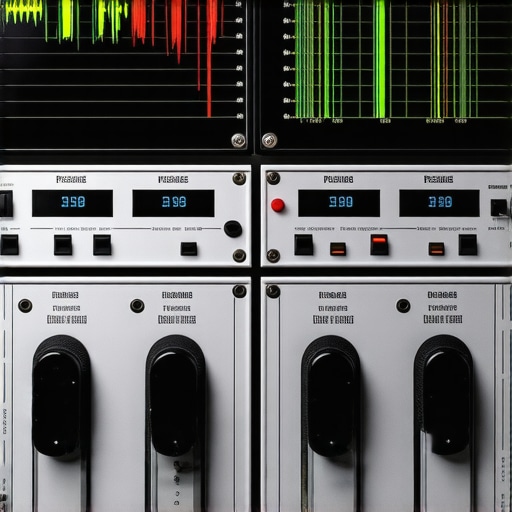 Advanced Signal Synchronization Equipment in Action Showcase of professional audio and video synchronization tools demonstrating spectral analysis and phase coherence.