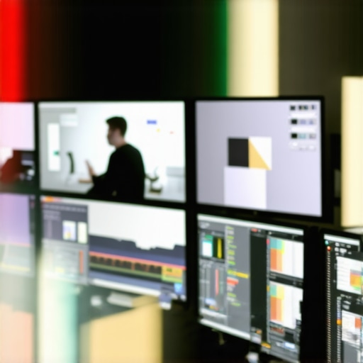 Advanced Video Editing Setup for Light Effects Professional editing suite showing monitors with color grading and overlay effects