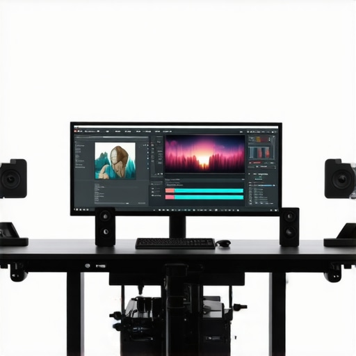 Professional editing station featuring control panels, calibrated display, and robotic hardware interface.