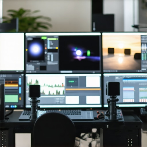 Photo of a professional editor working on a multi-screen setup with AI automation features.