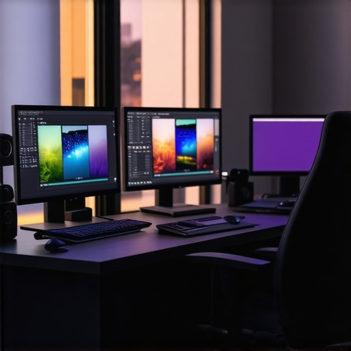 A professional editing workspace featuring high-end monitors, color grading panels, and editing software interface.
