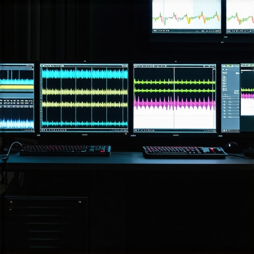 Advanced Video Editing Workspace Professional editor working on a multi-monitor setup with waveform and timecode displays.