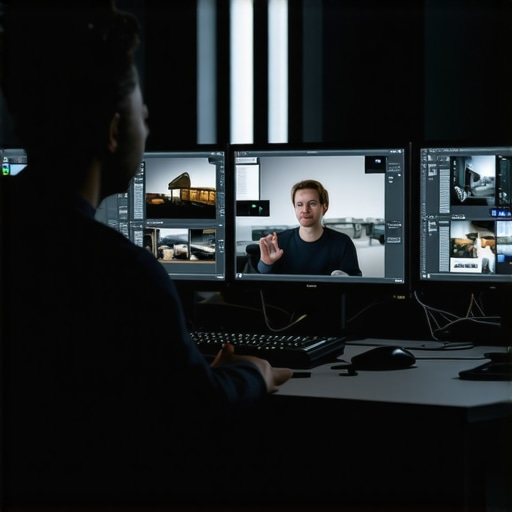 Editor adjusting virtual set elements in a high-tech studio with multiple monitors and real-time rendering