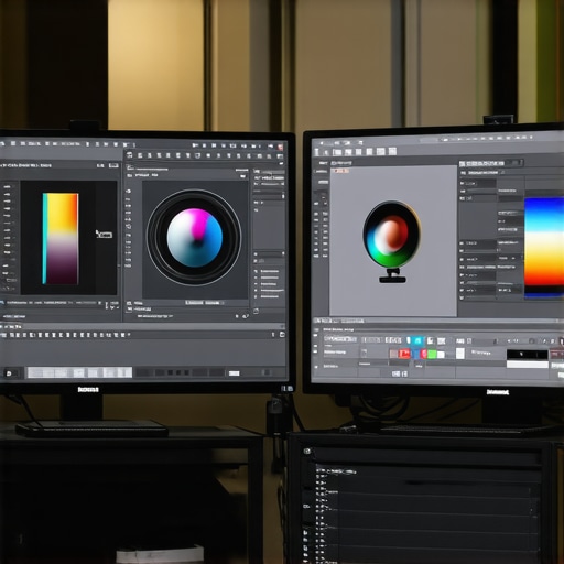 Advanced chromatic aberration correction setup Photo of editing workstation with screens displaying lens correction tools