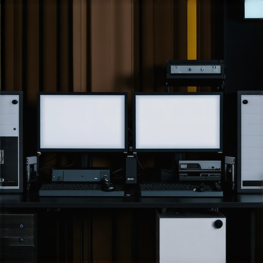 Affordable Video Editing Workspace A person working on a budget-friendly video editing station with multiple monitors and accessories
