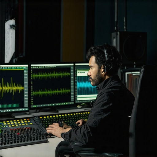 Analyzing Impulse Response Measurements in a Studio Audio engineer analyzing spectral data and impulse responses using advanced software in a studio environment