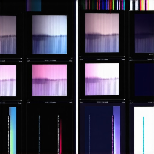Two high-end monitors displaying various stages of professional color grading with calibration tools visible.