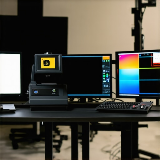 Color Calibration in Professional Editing Studios Spectrophotometer calibrating a monitor in an editing studio