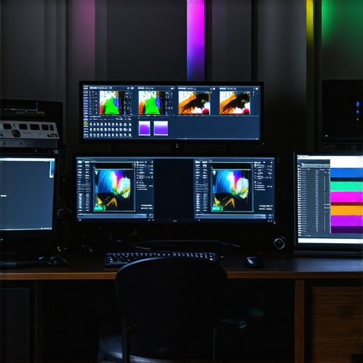 Color Grading Professional Setup A professional color grading workspace with monitors and calibration equipment
