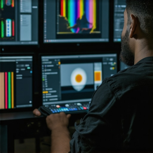 Color Grading Studio Setup Professional colorist using monitors and color correction tools in a studio environment