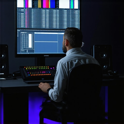 A scene of a colorist at work using spectral editing and color grading hardware in a studio