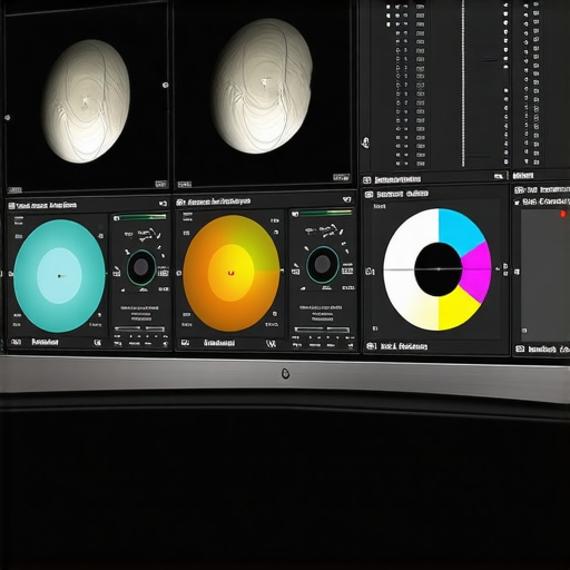 Color Grading Workspace Professional monitor showing color grading software interface with scopes and color wheels.