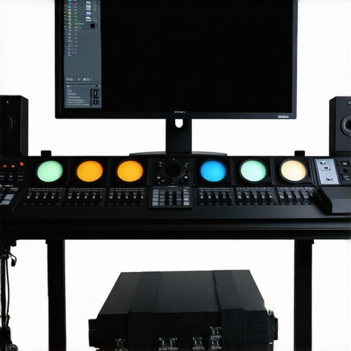 Color grading workspace setup A high-end color correction studio with monitors and grading tools.