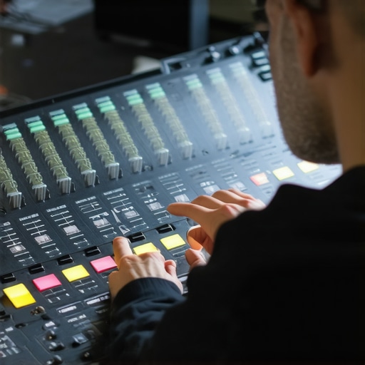 Colorist Adjusting Color Wheels in Studio Professional colorist working on color grading at editing console
