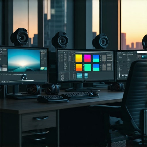 Cutting-Edge Video Editing Suite with AI Tools A futuristic editing station featuring AI-powered software, high-end monitors, and color calibration equipment.