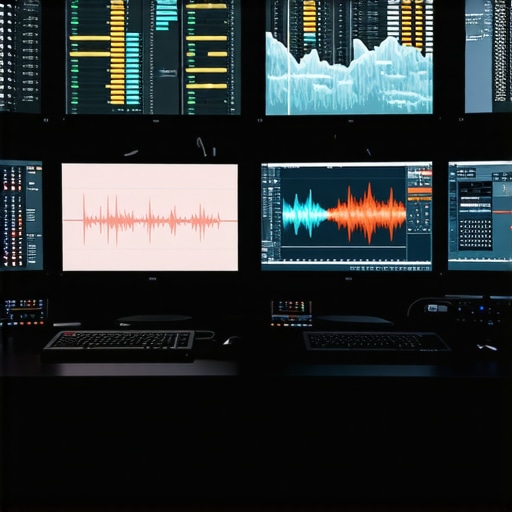 Modern editing studio with professional-grade equipment and multiple displays focused on color grading and audio editing.