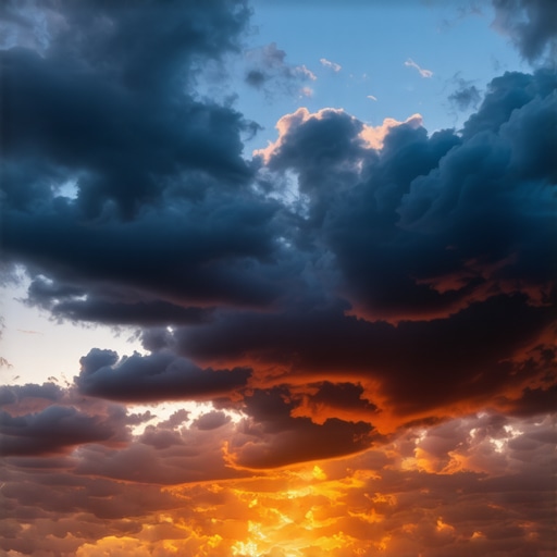 A vivid sunset scene with colorful clouds and layered textures
