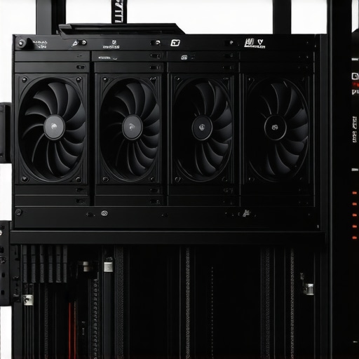 Elite Media Editing Station with Multiple GPUs A professional editing workstation featuring several high-performance GPUs, cooling systems, and an organized workspace.