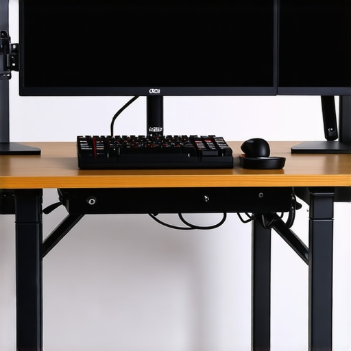 Ergonomic Editing Workspace Setup A modern ergonomic editing workstation with adjustable height desk, dual monitors on adjustable arms, and wrist supports.