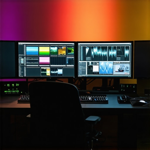 Ergonomic HDR Color Grading Studio A professional video editing station featuring calibrated monitors, color grading panels, and ergonomic furniture.