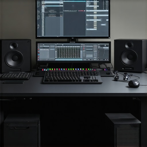 Ergonomic customizable hardware for advanced editing A workspace setup with ergonomic hardware controllers, adjustable surfaces, and integrated touchscreens for professional video editing.