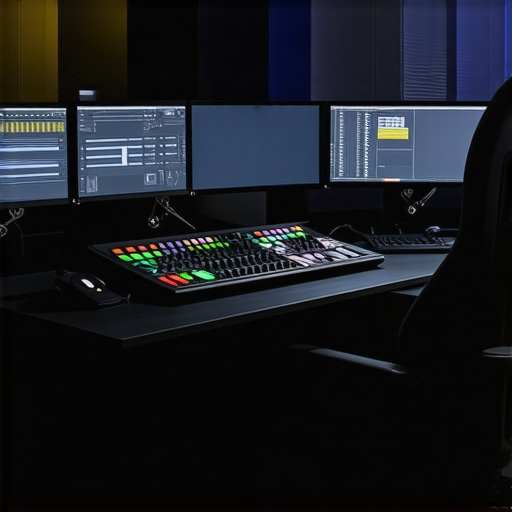 A modern, ergonomic editing workstation featuring dual monitors, control panels, and ambient lighting.