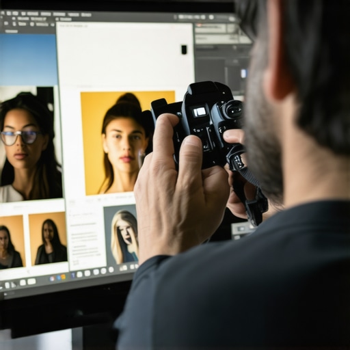 Ethical AI Masking in Photography Photographer analyzing AI-edited photo on screen, highlighting responsible editing practices.