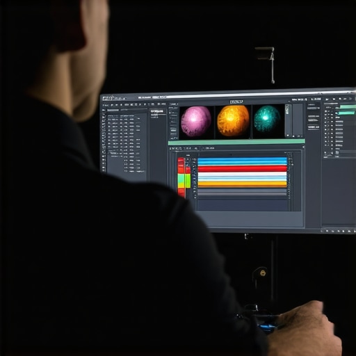 Colorist analyzing footage on calibrated monitor with color grading software