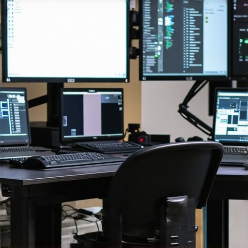 Expert Color Grading Setup Professional post-production room featuring calibrated monitors and calibration devices