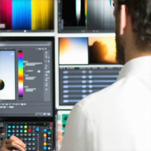 An editor fine-tuning color curves in a professional editing suite, with multiple screens displaying various footage layers.