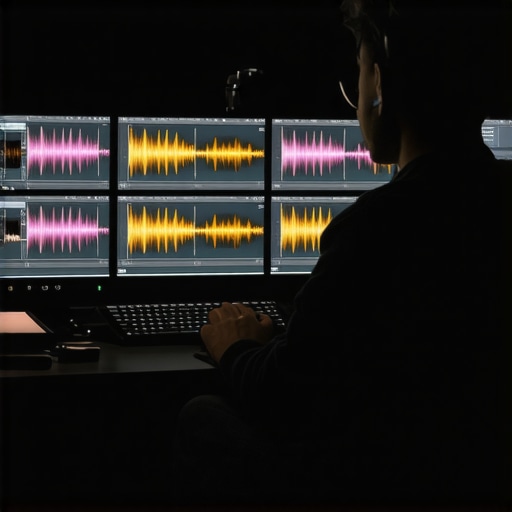 Expert Color Grading Workflow A professional video editor adjusting multiple layers of color correction on a multi-monitor setup in a dark studio environment.