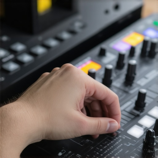 Expert Colorist Operating Advanced Control Surface Close-up of a hand manipulating a professional color grading console with rotary controls and ergonomic setup