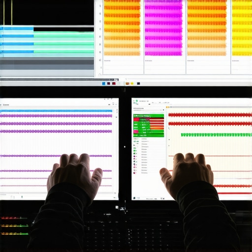 Close-up of an editor tweaking color correction and audio levels on dual monitors with detailed interfaces.