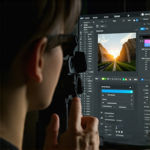 Photographer focusing on detailed adjustments in advanced photo editing software, highlighting noise reduction features