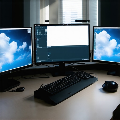 Expert Photo Editor at Work Professional photo editor adjusting sky replacement on dual monitor setup at workspace.
