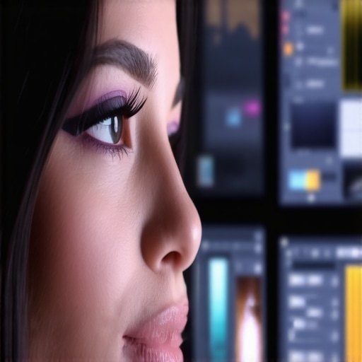 Expert Skin Retouching Workspace A retoucher fine-tuning skin micro-details on a digital monitor with color accuracy and layer controls.