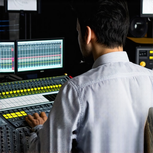 Expert Sound Designer at Work A professional sound engineer adjusts controls on a mixing console with spectral waveform displayed on a monitor during audio editing.