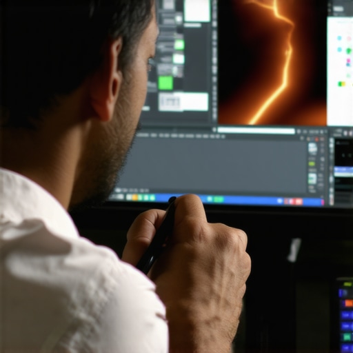 Expert Video Editor Fine-tuning Light Rays in Post-Production A professional video editor refining natural-looking light rays using advanced visual effects software on a high-resolution monitor.