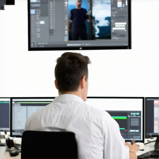 A professional editor using multi-monitor setup with scripting tools in advanced editing environment